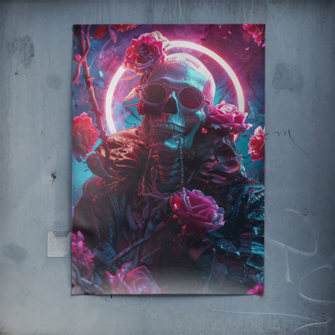 Neonowa Czaszka z Różą Plakat